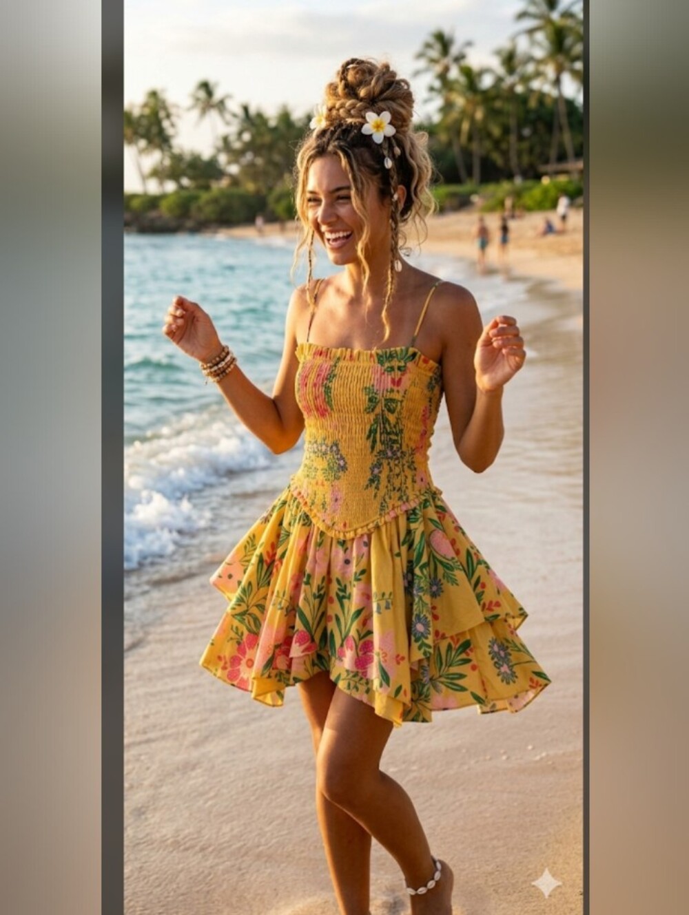 Boho Tropical Island Mini Sundress Smocked Asymmetrical Hem Floral Large New